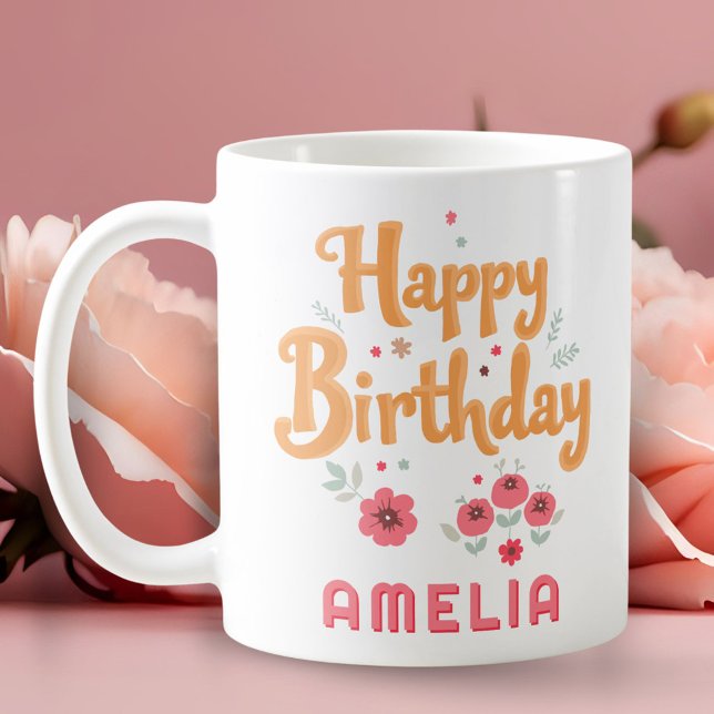 Caneca De Café Floral Flowers Happy Birthday Handlettering (Criador carregado)