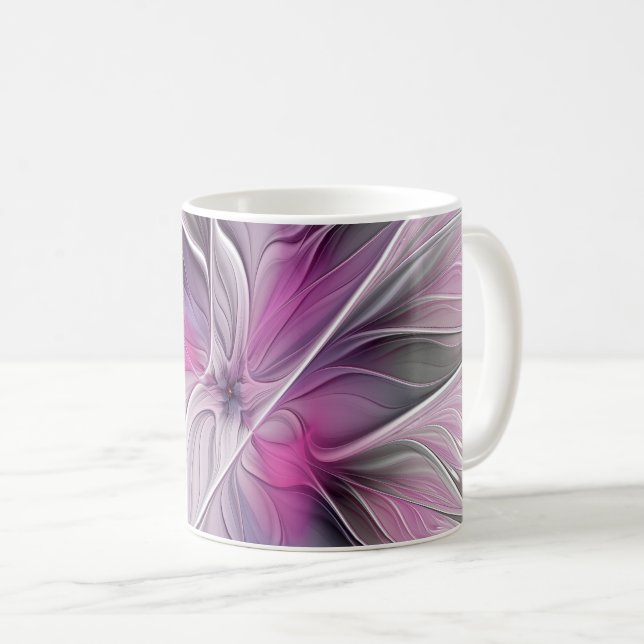 Caneca De Café Floral Fractal Moderno Abstrato Flor Rosa Cinza (Frente Esquerda)