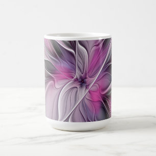 Caneca De Café Floral Fractal Moderno Abstrato Flor Rosa Cinza