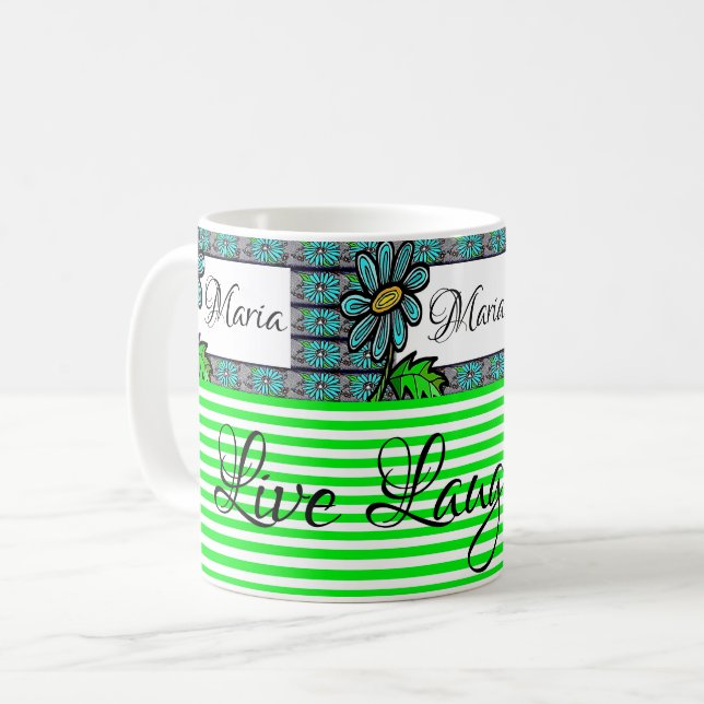 Caneca De Café Floral Green e White Stripe Mug (Frente Esquerda)