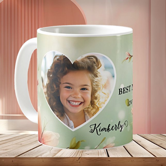Caneca De Café Floral Heart Best Mom Ever Photo Mug (Best Mom ever mug featuring your custom photo in a heart shaped frame on an elegant floral design)