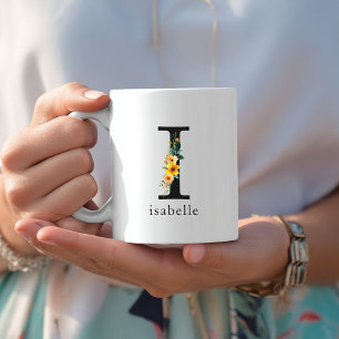 Caneca De Café Floral I Monograma Mug com Nome Editável