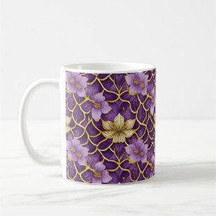 Caneca De Café Floral Japonês Roxo Dourado