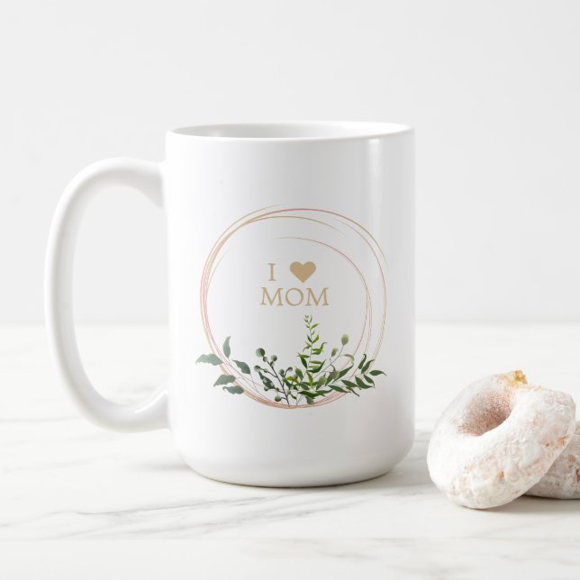 Caneca De Café Floral Leaves & Branches in Pink with Quote  Mom (Com Donut)