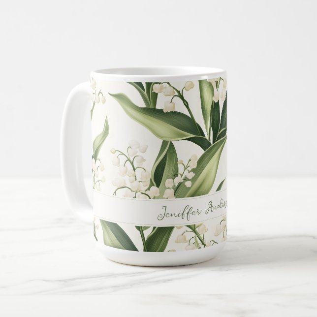 Caneca De Café Floral Lily of the Valley with Custom Name (Frente Esquerda)
