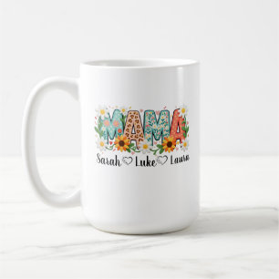 Caneca de Café Floral Mama com Nomes dos Filhos