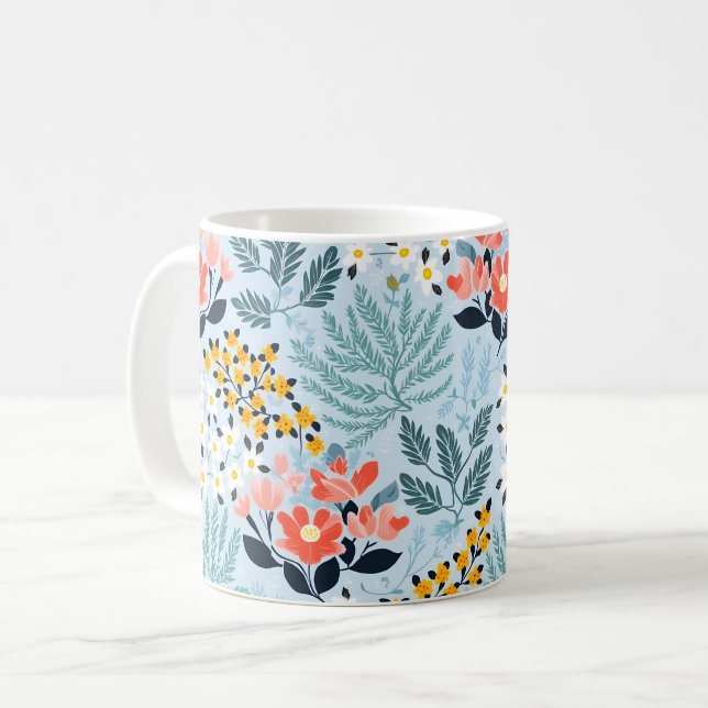 Caneca De Café Floral Moderno em Azul (Frente Esquerda)
