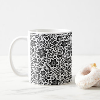 Caneca de Café Floral Monocromático Elegante em Ba