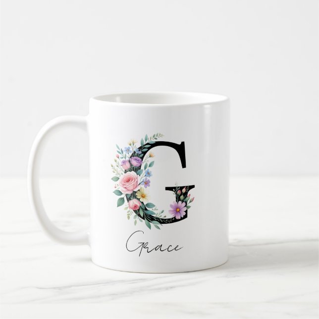 Caneca De Café  Floral Monogram – Letter G (Esquerda)