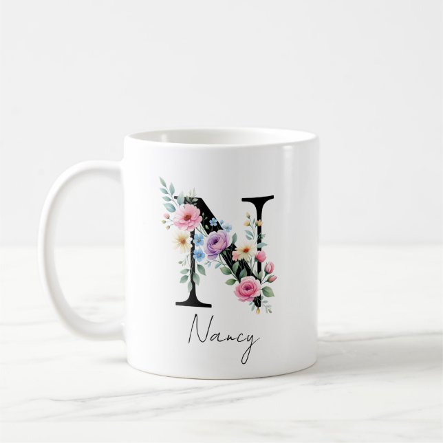 Caneca De Café  Floral Monogram – Letter N (Esquerda)