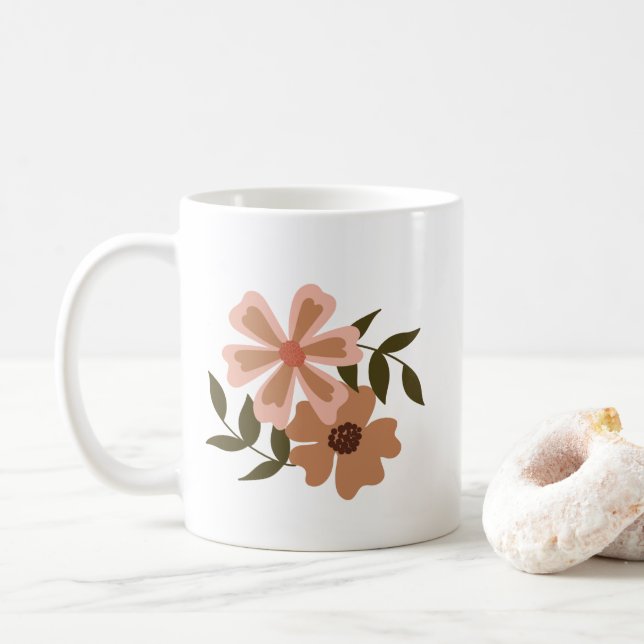 Caneca De Café Floral Natural Peach Brown Motif Green Vines (Com Donut)