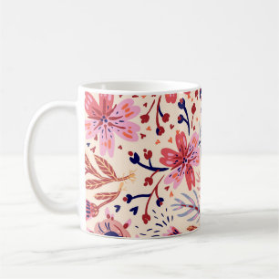 Caneca De Café Floral, pássaros, padrão contínuo de colheita.