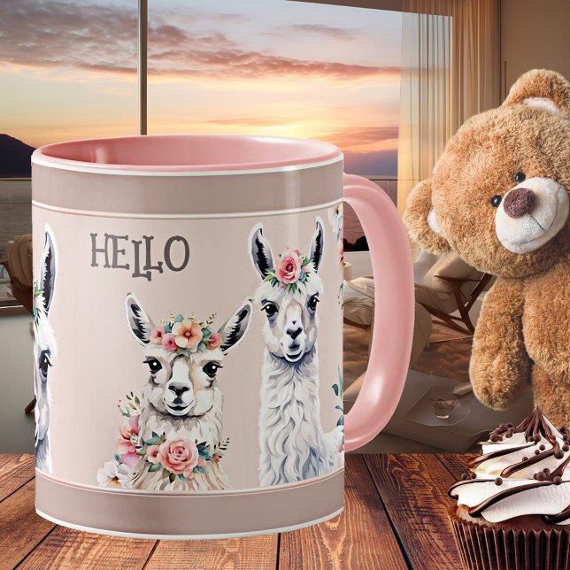 Caneca De Café Floral Pastel Cute Llama Alpaca Mug (Mug featuring cute llamas and alpacas with elegant flowers in pastel and chocolate colors)