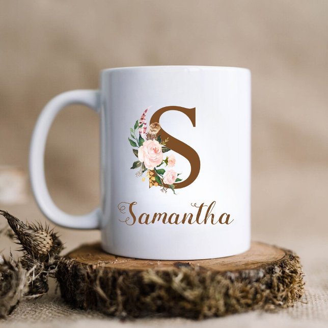 Caneca De Café Floral Personalizada Bridesmaid - Letra S Presente (Criador carregado)