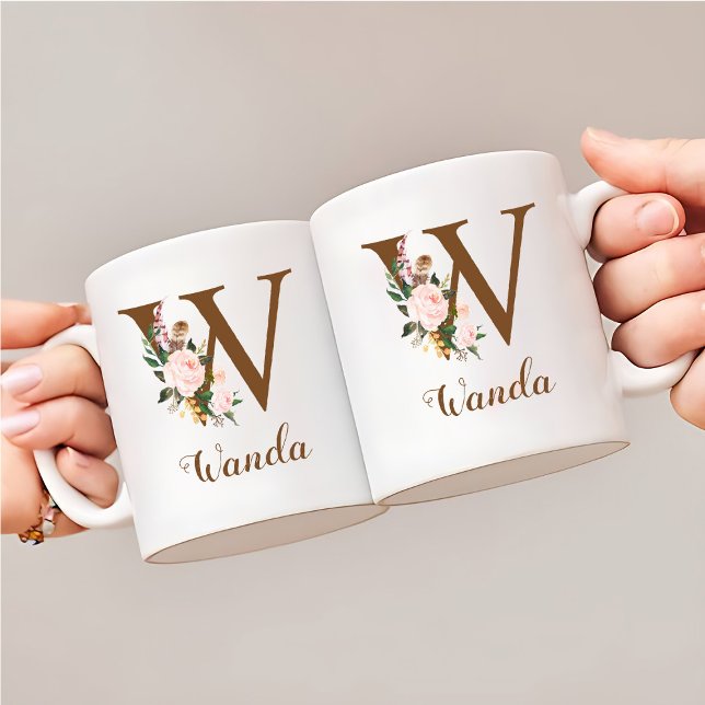 Caneca De Café Floral Personalizada Bridesmaid - Letra W Presente (Criador carregado)