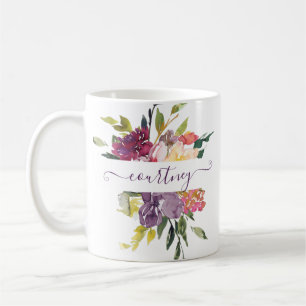 Caneca De Café Floral personalizado com aquarela roxa e vermelha