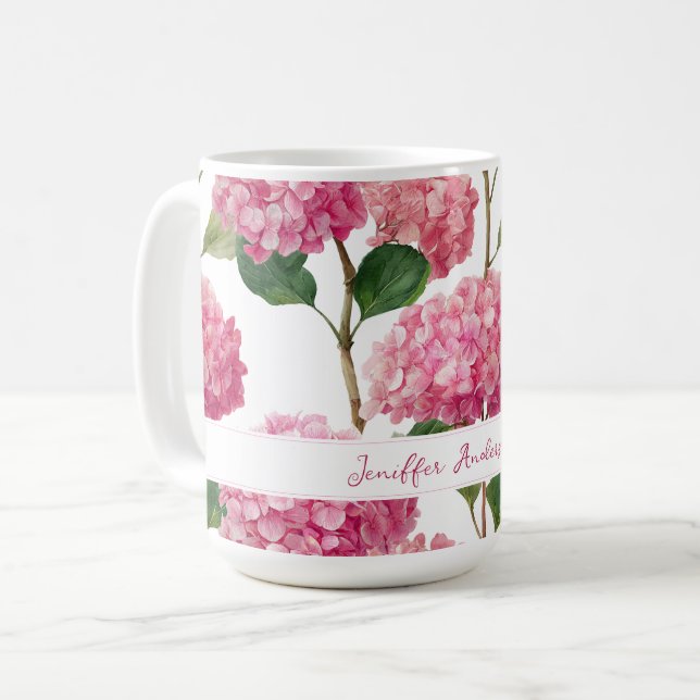 Caneca De Café Floral Pink Hydrangea with Custom Name (Frente Esquerda)
