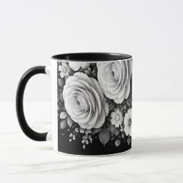 Caneca de café floral preta e branca
