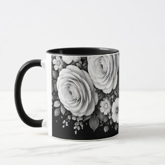 Caneca de café floral preta e branca