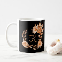 Caneca De Café Floral Preto Marrom e Bege Monogramado