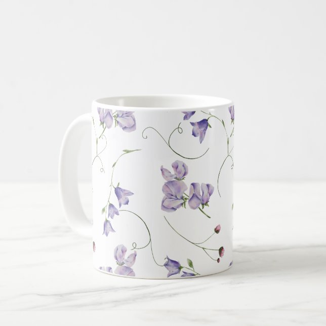 Caneca De Café Floral Púrpura Púrpura Branca Elegante (Frente Esquerda)