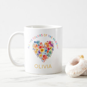 Caneca De Café Floral Rainbow Heart Mug - Presente de Nome Person