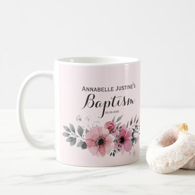 Caneca De Café Floral Rosa Elegante Batismo (Com Donut)