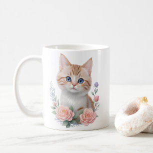 Caneca De Café Floral Rosa Gato-Cinto