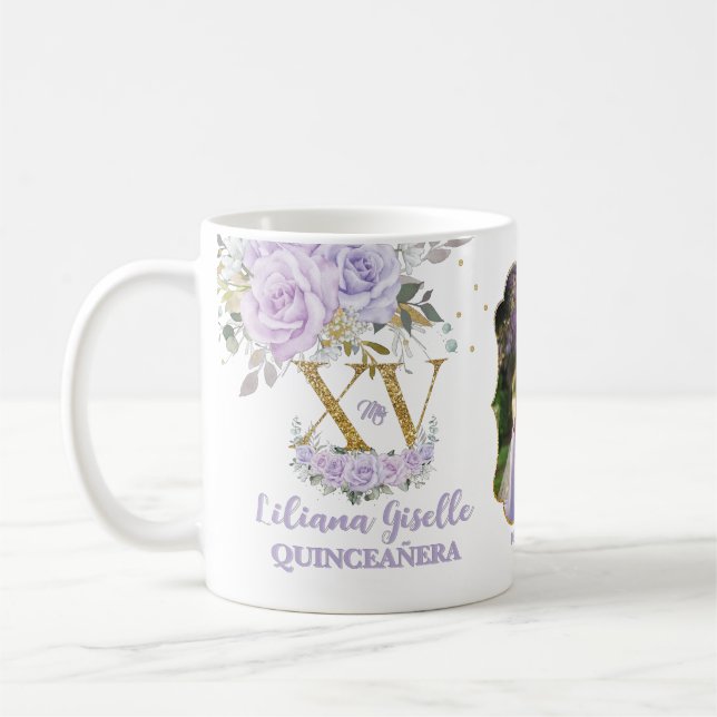 Caneca De Café Floral Roxo XV QUINCEAÑERA Quince 15 Foto (Esquerda)
