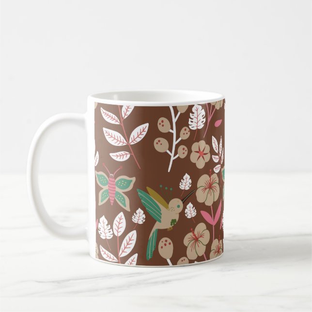 Caneca De Café Floral seamless pattern flowers, leaves, butterfly (Esquerda)