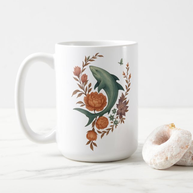 Caneca De Café Floral Shark Harmony - Nature & Ocean Fusion Art (Com Donut)