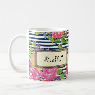 Caneca De Café Floral Stripes Design com mensagens e flores da mã
