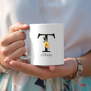 Caneca De Café Floral T Monograma Mug com Nome Editável