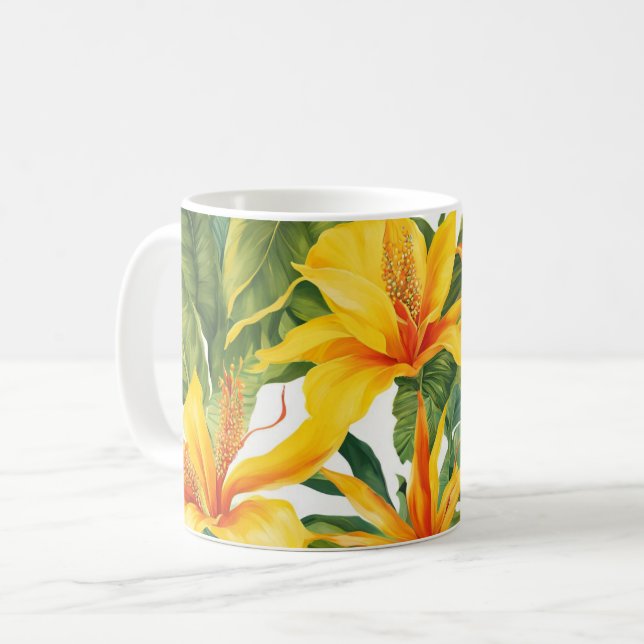 Caneca De Café Floral tropical amarelo personalizável (Frente Esquerda)