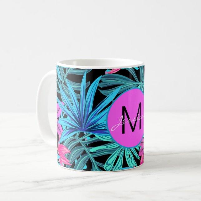 Caneca De Café Floral Tropical Azul Brilhante Personalizado (Frente Esquerda)