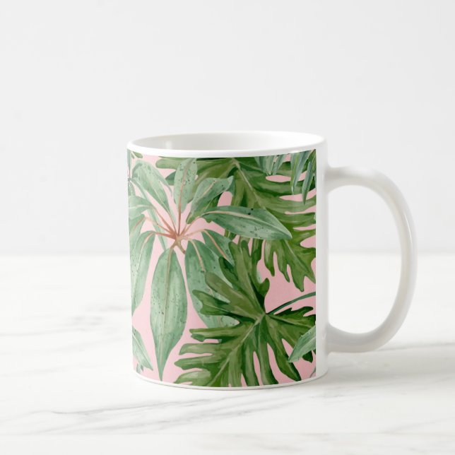 Caneca De Café Floral Tropical de Folha Rosa Simples Folha de Pal (Direita)