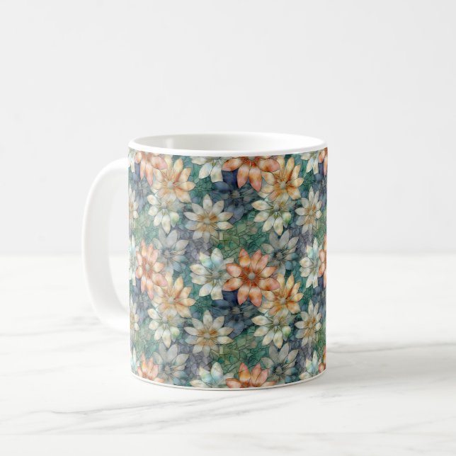 Caneca De Café Floral Verde Branco Azul Pêssego (Frente Esquerda)