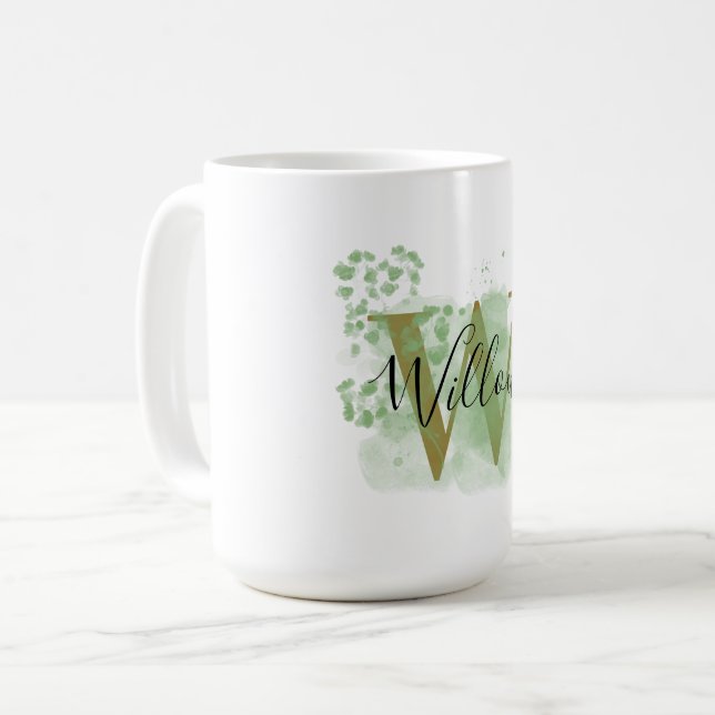 Caneca De Café Floral Verde Personalizado Inicial (Frente Esquerda)
