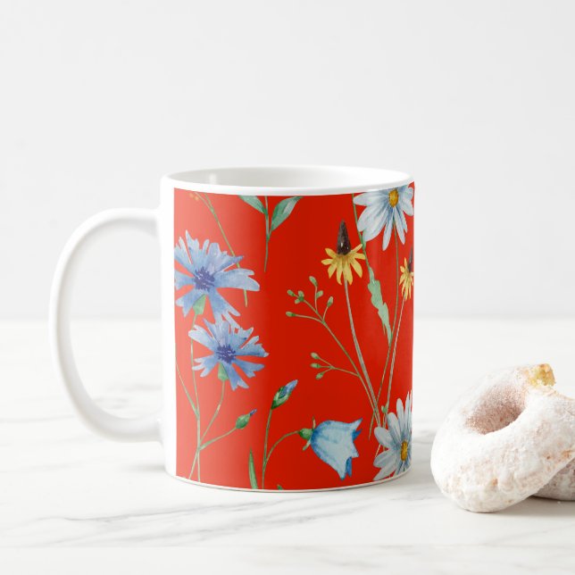 Caneca De Café Floral Vermelho Brilhante (Com Donut)