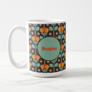 Caneca De Café Floral Vermelho Dourado com Abstrato Teal