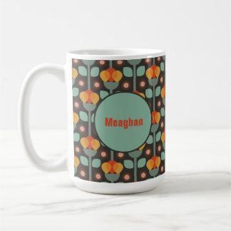 Caneca De Café Floral Vermelho Dourado com Abstrato Teal