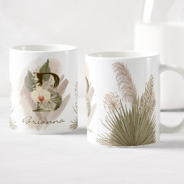 Caneca De Café Floral Watercolor Boho Personalizado Monograma