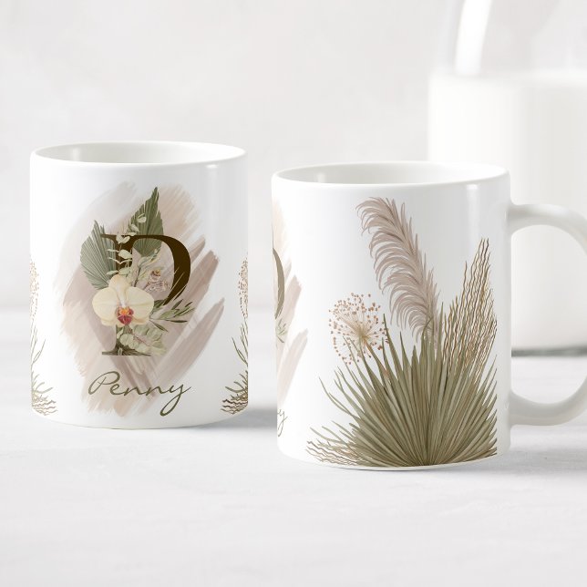 Caneca De Café Floral Watercolor Boho Personalizado Monograma (Criador carregado)