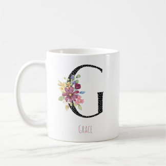 Caneca De Café Floral Watercolor G Monogram Name Black Polka Dot