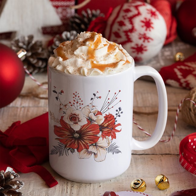 Caneca De Café Florals Foliage Red Cream Name (Criador carregado)