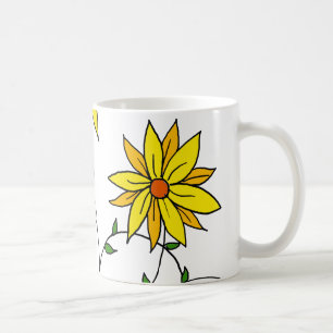 Caneca De Café Flores Alegres Amarelas Arte Doodle Divertida