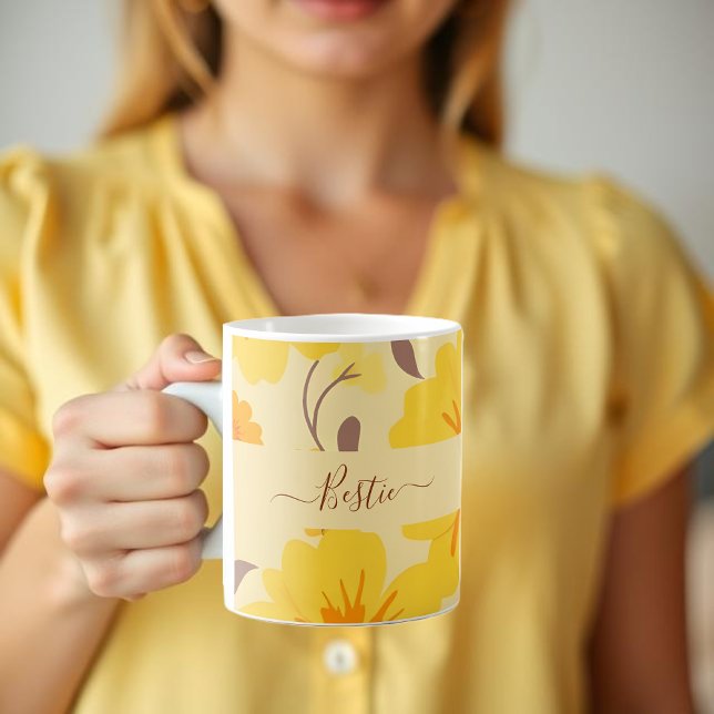 Caneca De Café Flores Amarelas De Padrões De Sol Retro (Retro Sunshine Floral Pattern-Yellow Flowers Personalized Coffee Mug )