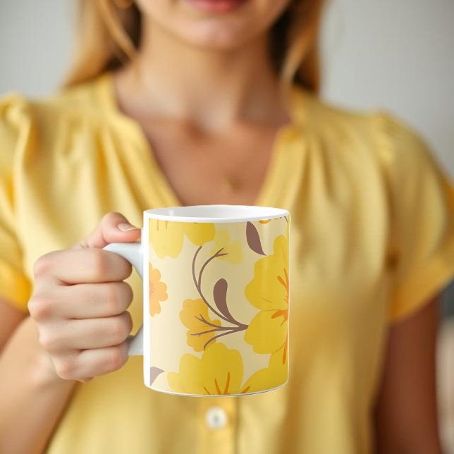 Caneca De Café Flores Amarelas De Padrões De Sol Retro (Retro Sunshine Floral Pattern-Yellow Flowers  Coffee Mug )