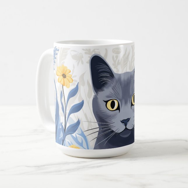Caneca De Café Flores Amarelas do Gato Azul Russo (Frente Esquerda)