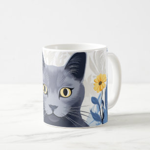 Caneca De Café Flores Amarelas do Gato Azul Russo